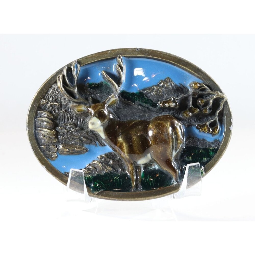 Belt Buckle Deer Mountains Wildlife Animal E-146 Made In USA 1984 Vintage